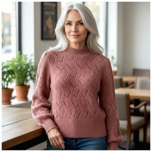 Heartloom Women's Pointelle Balloon Sleeve Pullover Sweater. Blush/Pink. Small